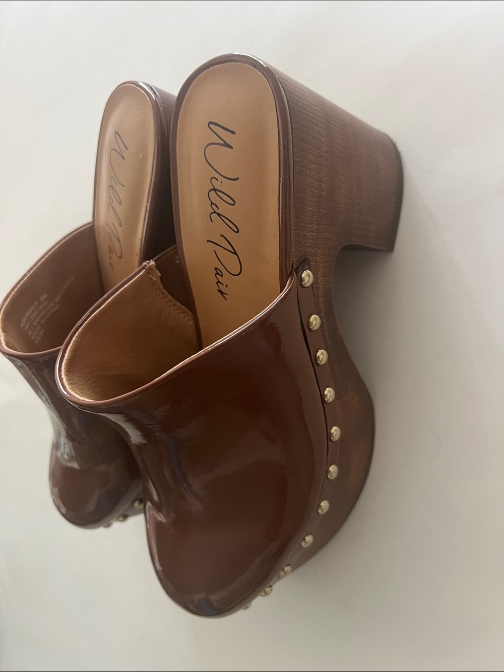 Wild Pair Brown Patent Platform Clogs with Gold Studs
